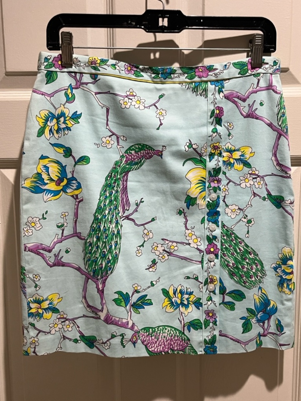 Tibi Light Aqua Floral Peacock Pencil Skirt Front Slit